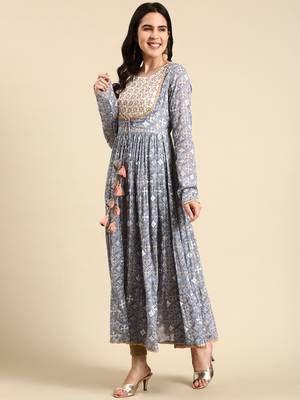 Showoff women's ankle length round neck blue ethnic motifs anarkali kurta 5