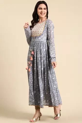 Showoff women's ankle length round neck blue ethnic motifs anarkali kurta