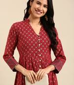 Showoff women's ankle length mandarin collar maroon geometric anarkali kurta