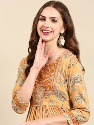 women's ankle length scoop neck mustard paisley anarkali kurta 1