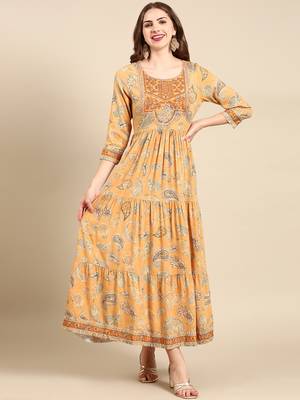 women's ankle length scoop neck mustard paisley anarkali kurta 2