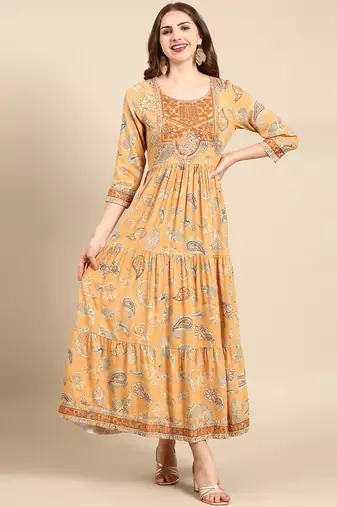 women's ankle length scoop neck mustard paisley anarkali kurta