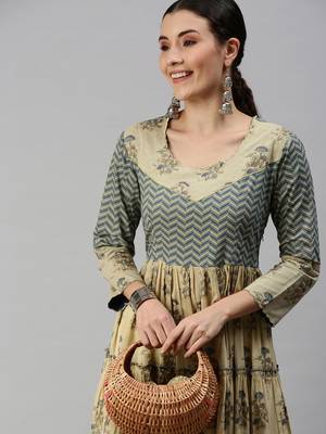 women's ankle length round neck beige ethnic motifs anarkali kurta 1