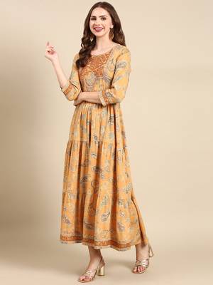 women's ankle length scoop neck mustard paisley anarkali kurta 5