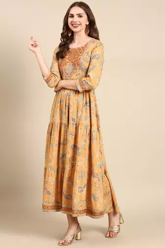 women's ankle length scoop neck mustard paisley anarkali kurta