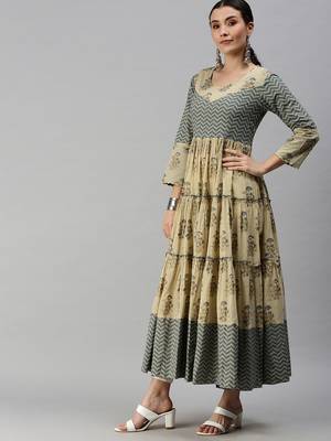 women's ankle length round neck beige ethnic motifs anarkali kurta 2