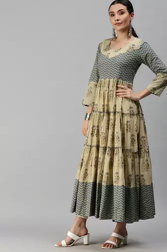 women's ankle length round neck beige ethnic motifs anarkali kurta