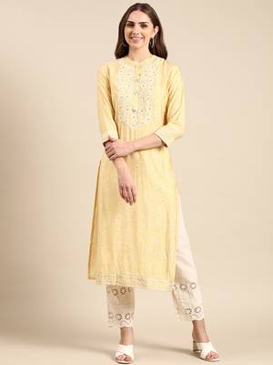 women's calf length mandarin collar yellow embellished straight kurta 1