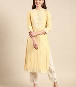 women's calf length mandarin collar yellow embellished straight kurta