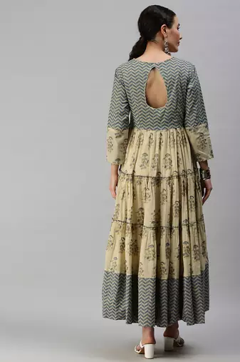 women's ankle length round neck beige ethnic motifs anarkali kurta