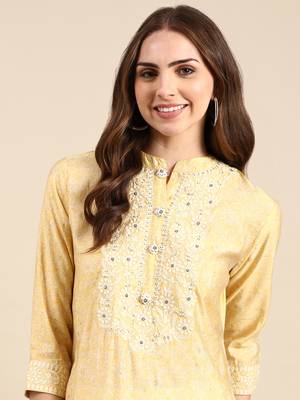 women's calf length mandarin collar yellow embellished straight kurta 2