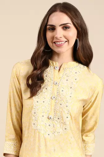 women's calf length mandarin collar yellow embellished straight kurta