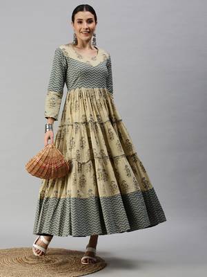 women's ankle length round neck beige ethnic motifs anarkali kurta 4