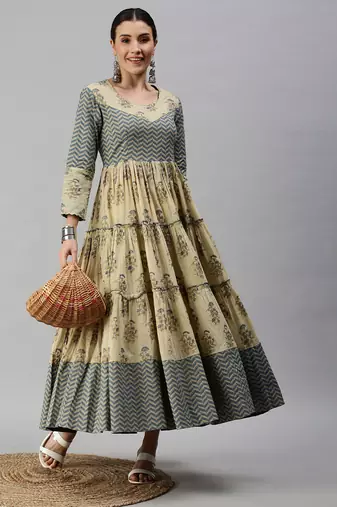 women's ankle length round neck beige ethnic motifs anarkali kurta