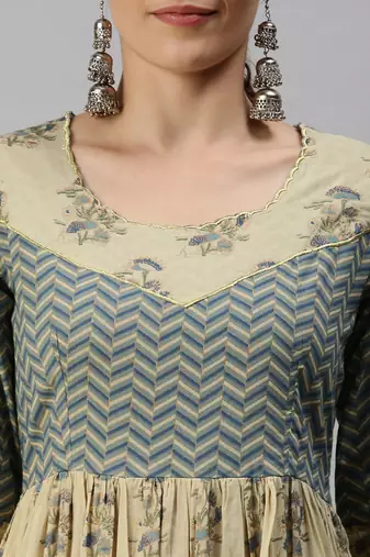 women's ankle length round neck beige ethnic motifs anarkali kurta
