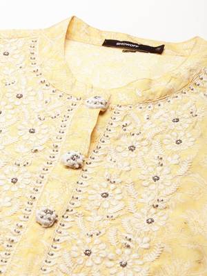 women's calf length mandarin collar yellow embellished straight kurta 3