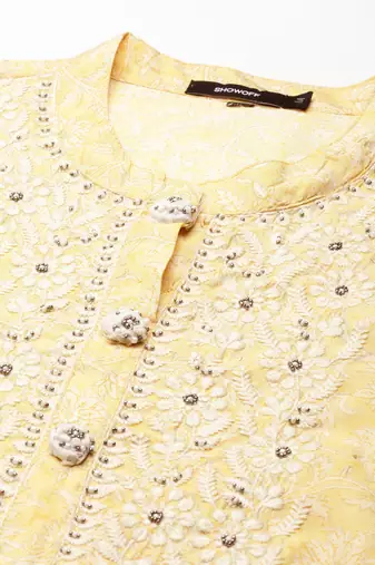 women's calf length mandarin collar yellow embellished straight kurta