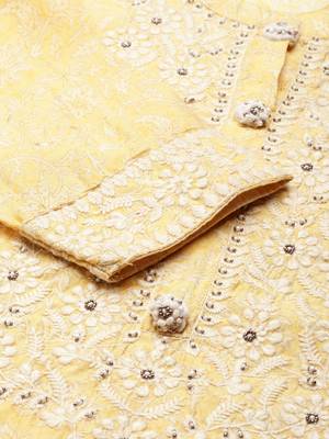 women's calf length mandarin collar yellow embellished straight kurta 4