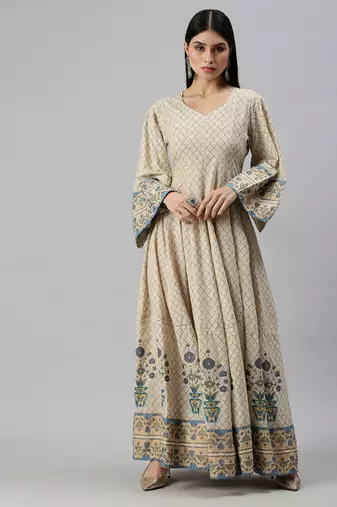 women's calf length v-neck off white geometric anarkali kurta