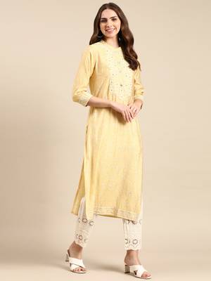 women's calf length mandarin collar yellow embellished straight kurta 5