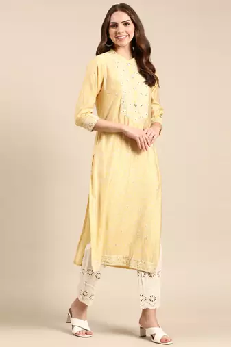 women's calf length mandarin collar yellow embellished straight kurta
