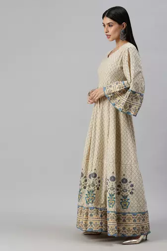 women's calf length v-neck off white geometric anarkali kurta
