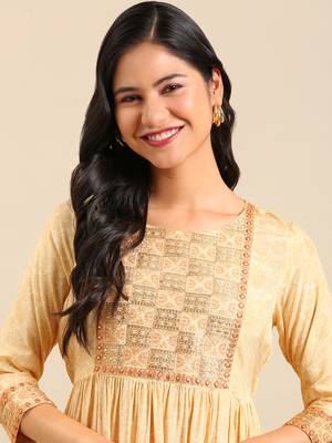 women's ankle length round neck yellow ethnic motifs anarkali kurta 1