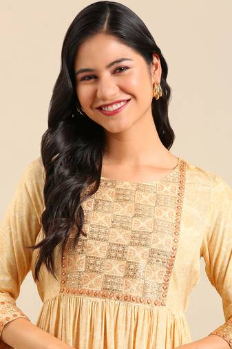women's ankle length round neck yellow ethnic motifs anarkali kurta
