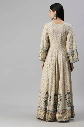 women's calf length v-neck off white geometric anarkali kurta