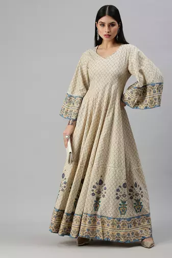 women's calf length v-neck off white geometric anarkali kurta