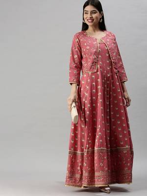 women's ankle length round neck pink floral anarkali kurta 1