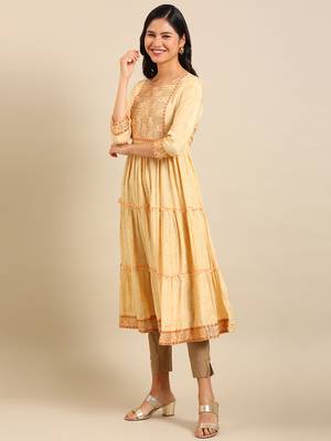 women's ankle length round neck yellow ethnic motifs anarkali kurta 4