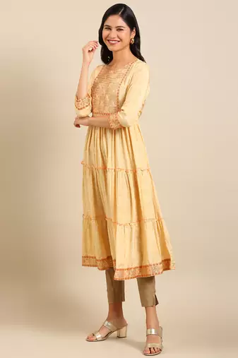 women's ankle length round neck yellow ethnic motifs anarkali kurta