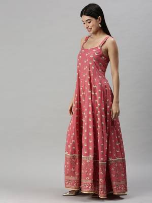women's ankle length round neck pink floral anarkali kurta 2