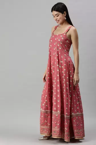 women's ankle length round neck pink floral anarkali kurta