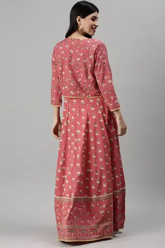 women's ankle length round neck pink floral anarkali kurta