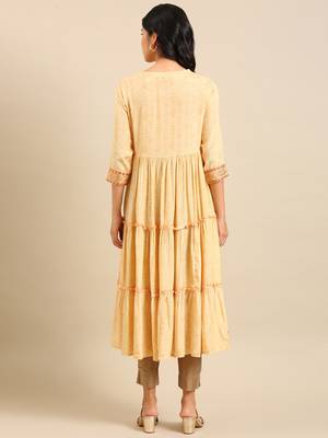 women's ankle length round neck yellow ethnic motifs anarkali kurta 5