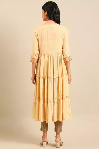 women's ankle length round neck yellow ethnic motifs anarkali kurta