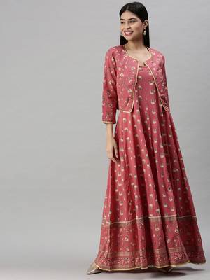 women's ankle length round neck pink floral anarkali kurta 4