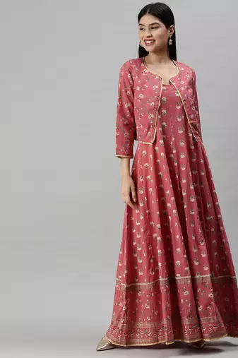 women's ankle length round neck pink floral anarkali kurta