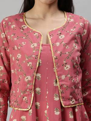women's ankle length round neck pink floral anarkali kurta 5