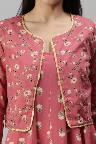 women's ankle length round neck pink floral anarkali kurta