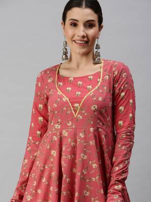 women's ankle length round neck pink floral anarkali kurta 1