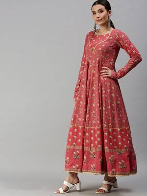 women's ankle length round neck pink floral anarkali kurta 2