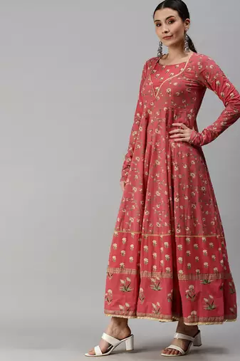women's ankle length round neck pink floral anarkali kurta
