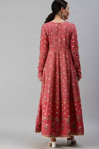 women's ankle length round neck pink floral anarkali kurta