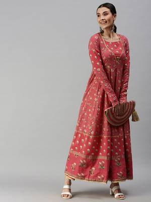 women's ankle length round neck pink floral anarkali kurta 4