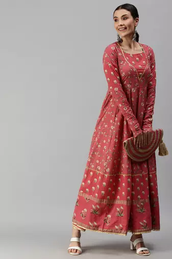 women's ankle length round neck pink floral anarkali kurta