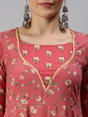 women's ankle length round neck pink floral anarkali kurta 5