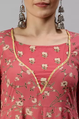 women's ankle length round neck pink floral anarkali kurta